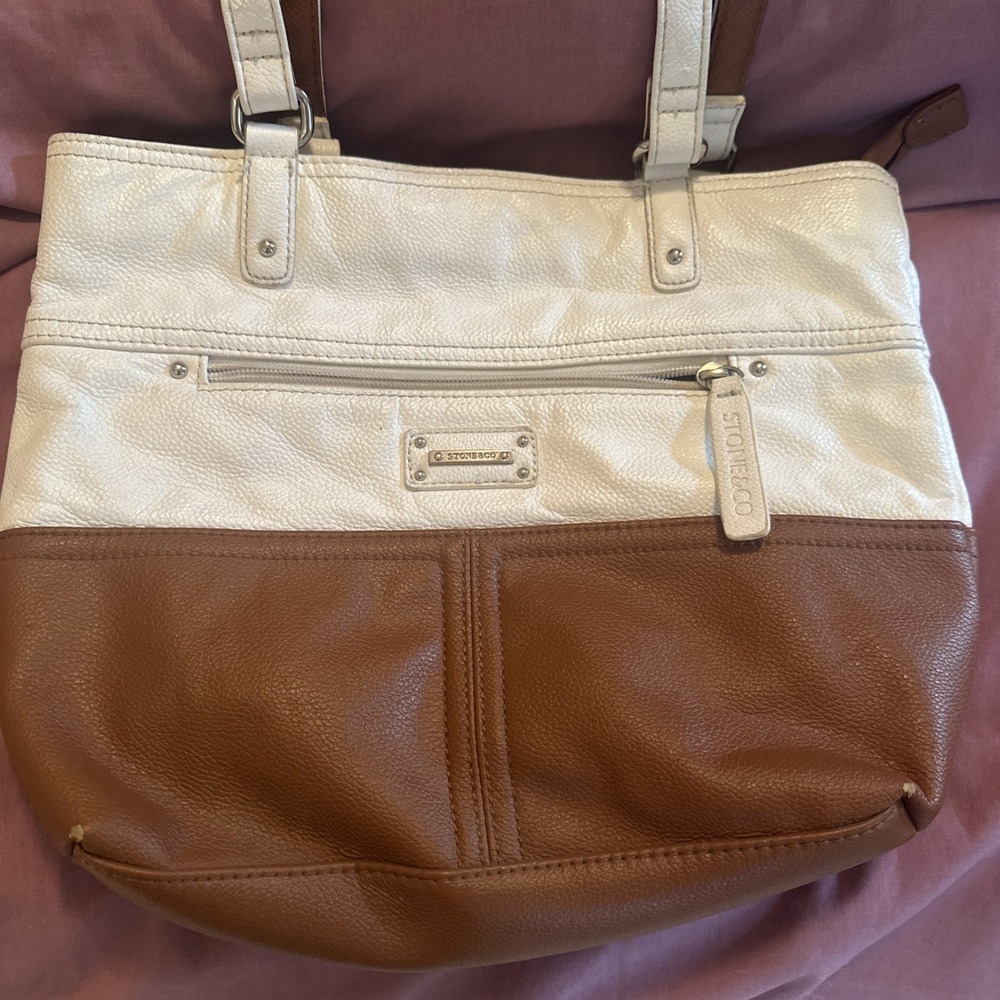 Stone & Co Shoulder Bag White Brown Color Blocked Leather Purse Medium Handbag
